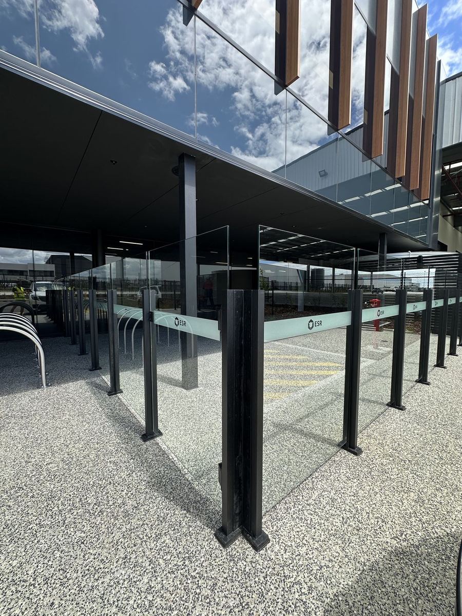 Frosted safety banding on a glass balustrade